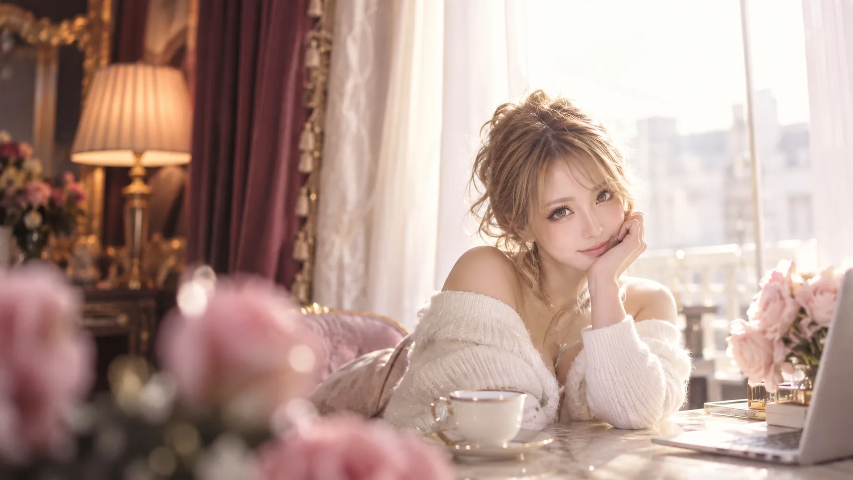 窓辺で頬杖をつく女性のイメージ